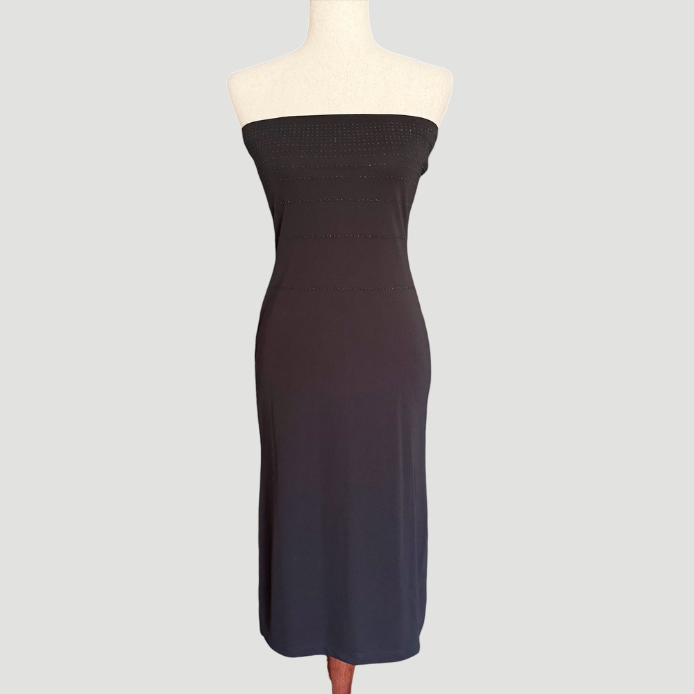 Vintage Y2K Evolution Not Revolution Black Beaded Strapless Midi Bodycon Dress M